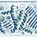Ilustração científica detalhada de estruturas de peptídeos, com elementos visuais de dados e aprendizado, para curso completo de formação em peptídeos.