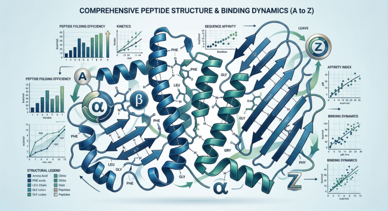 Ilustração científica detalhada de estruturas de peptídeos, com elementos visuais de dados e aprendizado, para curso completo de formação em peptídeos.