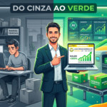 Transformação do e-commerce no Mercado Livre com o Método MRV 4.0, mostrando a evolução de vendas estagnadas (cinza) para o sucesso e crescimento (verde) através de estratégias com IA e logística real.