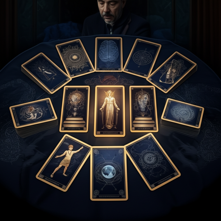 Capa do eBook "Tarot Profundo de Rogério Temporim" mostrando um baralho completo de 78 cartas sobre uma mesa aveludada escura, com as cartas O Louco, A Sacerdotisa e O Mundo em destaque, iluminadas por luz dourada e rodeadas por símbolos psicanalíticos.