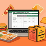 Planilha de precificação de delivery exibida em laptop, com tabelas de custos, taxas de aplicativos e itens de cozinha ao redor.