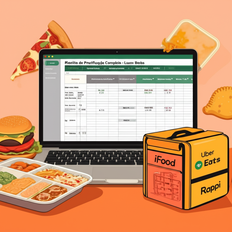 Planilha de precificação de delivery exibida em laptop, com tabelas de custos, taxas de aplicativos e itens de cozinha ao redor.