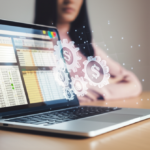 Ilustração de um home office com laptop exibindo planner criado por IA, ícones de dinheiro e automação, e silhueta anônima de mulher ao fundo.