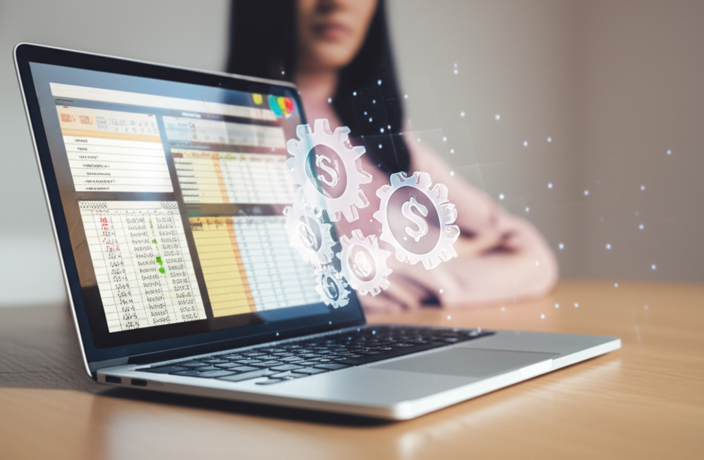 Ilustração de um home office com laptop exibindo planner criado por IA, ícones de dinheiro e automação, e silhueta anônima de mulher ao fundo.