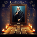 Estudo esotérico com cartas de tarot espalhadas, vela acesa, retrato de Rogério Temporim e símbolos herméticos ao fundo.