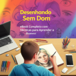 Capa do eBook "Desenhando Sem Dom" mostrando um jovem artista desenhando com lápis de cor, rodeado por materiais de desenho e dispositivos digitais.