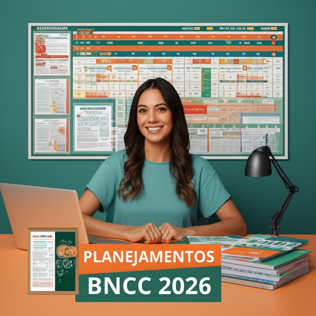 Professor usando templates editáveis da BNCC 2026 em laptop, com calendário escolar ao fundo.