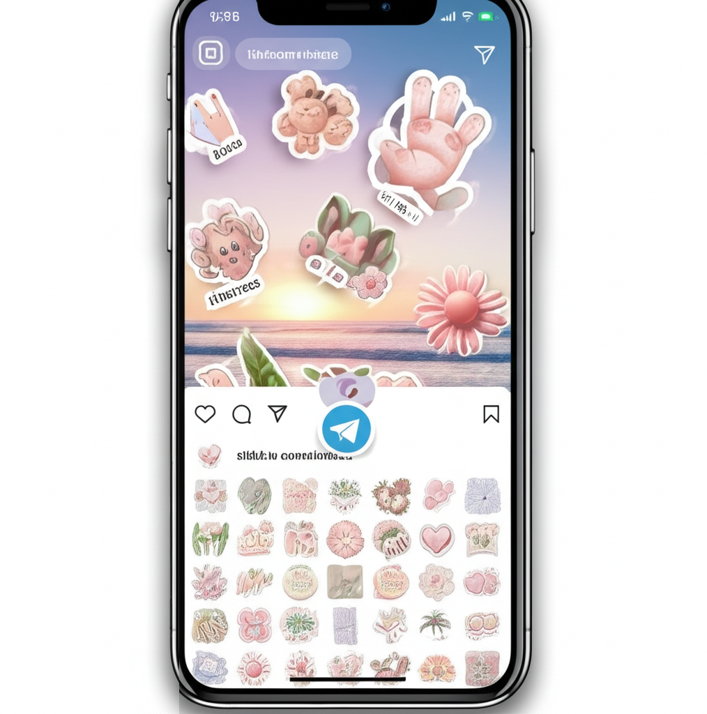 Tela de smartphone exibindo a edição de um Story do Instagram com adesivos femininos, sombras realistas e vídeo de fundo de praia, mostrando a variedade de recursos do pack StoriesPerfeitos.