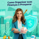 Capa do eBook 'Viva Sempre com Dinheiro' mostrando Nádia Pace, um cofrinho iluminado, gráficos financeiros holográficos, um escudo de proteção de renda e o robô IA Nádio.