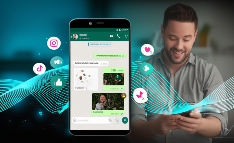 Smartphone mostrando um post de rede social entregue via WhatsApp, com elementos de IA e ícones de mídias sociais, simbolizando a criação fácil e diária de conteúdo para empreendedores.