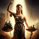 Ilustração simbólica de Lady Justice com balanças desequilibradas, uma sendo limpa por um feixe de luz que remove a escuridão da impunidade, representando o passado, presente e futuro da justiça.