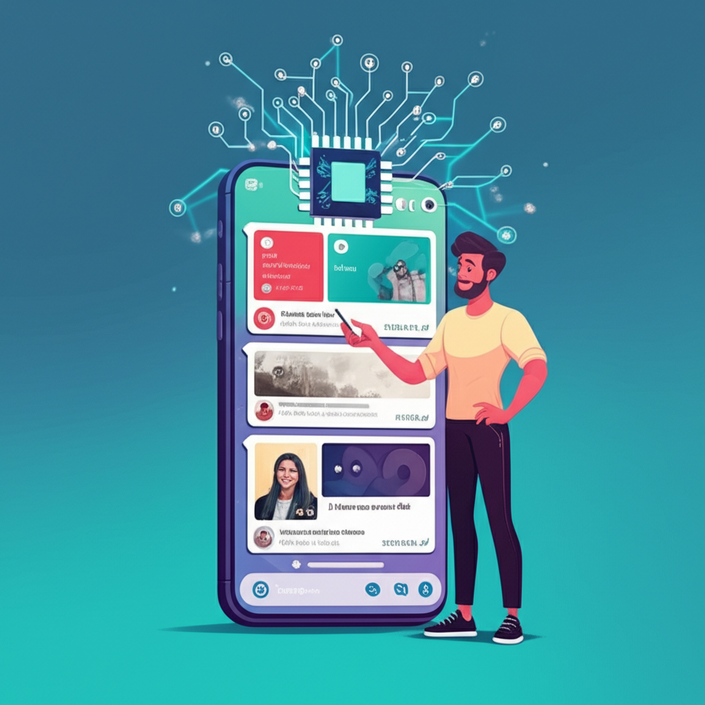Smartphone exibindo posts de redes sociais e roteiros de vídeo gerados por IA via WhatsApp pelo ZAPPOST, com elementos tecnológicos.