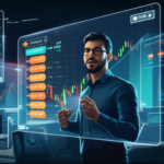 Grupo de traders engajados em uma comunidade online do TakerZ PRO, com gráficos de Forex e Cripto e um mentor orientando.