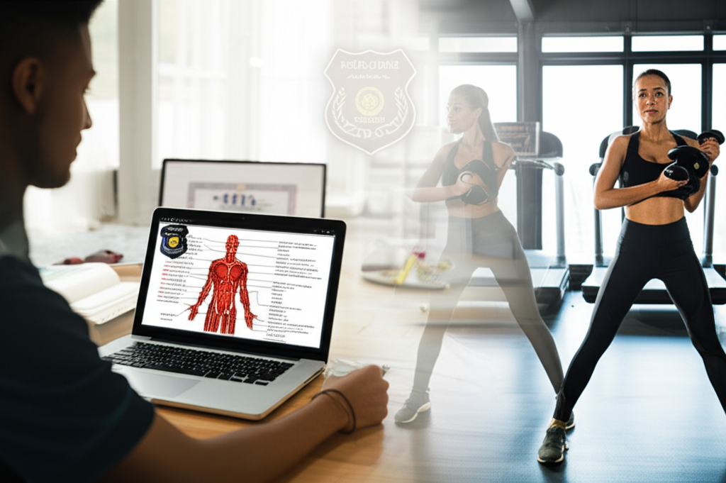 Pessoa estudando Educação Física EAD no laptop e praticando atividade física, simbolizando a flexibilidade e o preparo para carreiras no esporte e segurança pública.