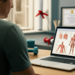 Pessoa estudando Bacharelado em Educação Física EAD em um laptop, com um diploma ao fundo e elementos sutis de fitness e carreira policial, simbolizando flexibilidade e sucesso profissional.