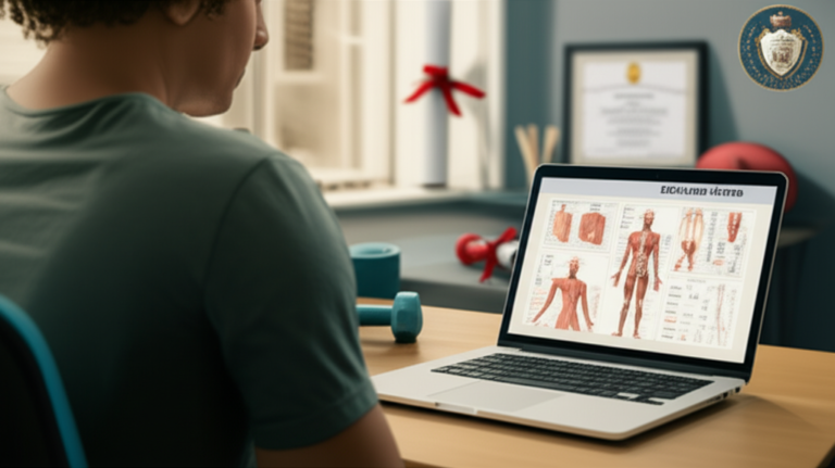 Pessoa estudando Bacharelado em Educação Física EAD em um laptop, com um diploma ao fundo e elementos sutis de fitness e carreira policial, simbolizando flexibilidade e sucesso profissional.