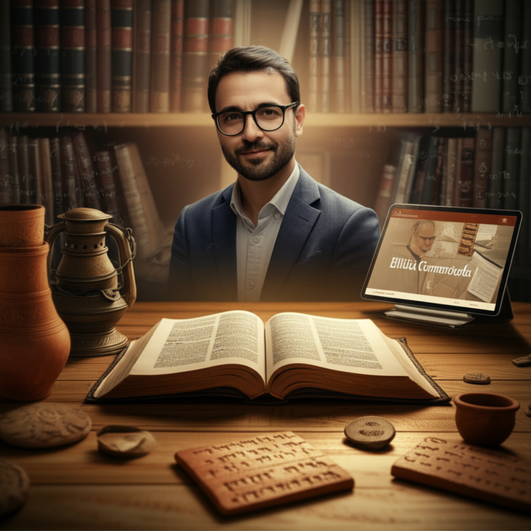 Capa do eBook Bíblia Comentada por Rodrigo Silva, mostrando manuscrito bíblico, artefatos arqueológicos e tablet com a plataforma de estudo.