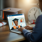 Pessoa adulta sorrindo e estudando EJA Online no Instituto Óliver em um laptop, com símbolos de diploma e rapidez ao fundo.