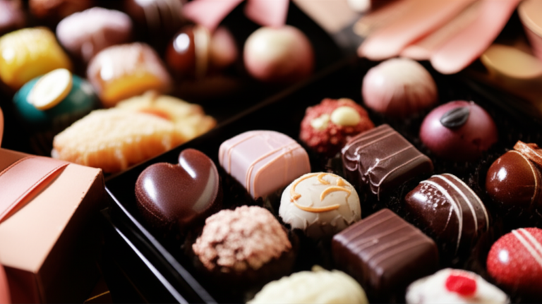 Variados doces gourmet de alta confeitaria da Chef Ísis Alvarez, artisticamente embalados em caixas de presente sofisticadas com laços, prontos para presentear.