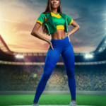 Mulher brasileira confiante e glamourosa em campo de futebol, simbolizando o concurso Musa do Brasileirão e o treinamento digital para destaque.