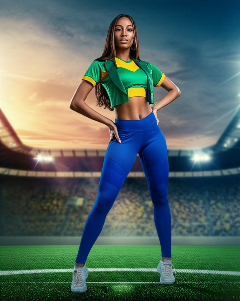 Mulher brasileira confiante e glamourosa em campo de futebol, simbolizando o concurso Musa do Brasileirão e o treinamento digital para destaque.