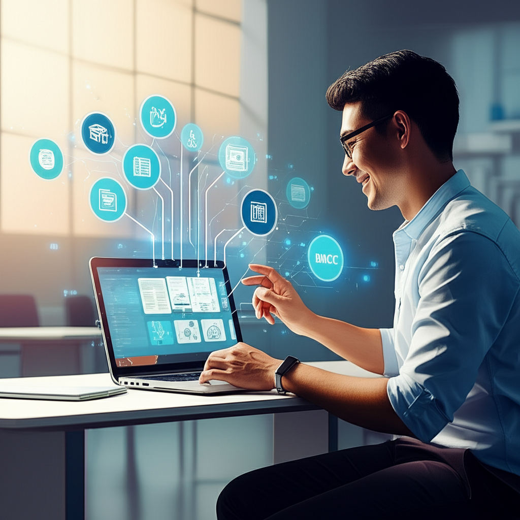 Educador utilizando a plataforma Skooly IA em um laptop para criar rapidamente planos de aula, atividades e provas, simbolizando a otimização do tempo pedagógico e a criatividade.