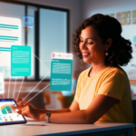 Professora utilizando a plataforma Skooly IA em um tablet, com projeções digitais de planos de aula e atividades, simbolizando otimização e criatividade no trabalho pedagógico.