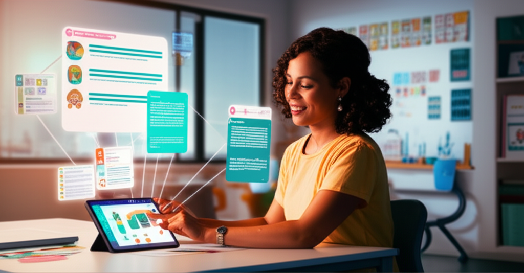 Professora utilizando a plataforma Skooly IA em um tablet, com projeções digitais de planos de aula e atividades, simbolizando otimização e criatividade no trabalho pedagógico.