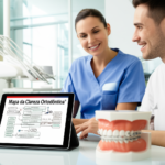 Dentista confiante e paciente sorrindo, com tablet mostrando plano ortodôntico e modelo de arcada dentária, representando o curso Viver de Orto.