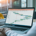 Engenheiro ou gestor de projetos utilizando o Microsoft Project em um laptop, exibindo um cronograma de Gantt detalhado para gestão de obras e projetos de engenharia.