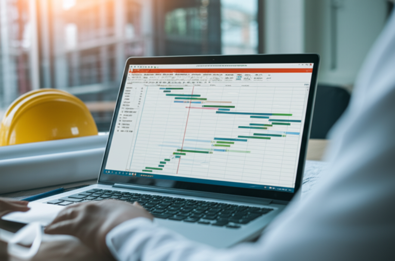 Engenheiro ou gestor de projetos utilizando o Microsoft Project em um laptop, exibindo um cronograma de Gantt detalhado para gestão de obras e projetos de engenharia.