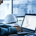 Profissional de engenharia ou gestão de projetos utilizando o MS Project em um laptop, com um gráfico de Gantt detalhado e elementos de construção ao fundo.