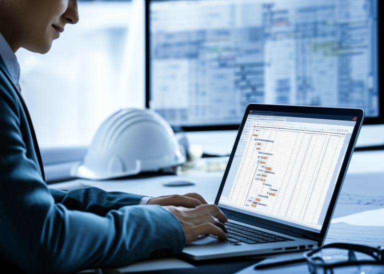 Profissional de engenharia ou gestão de projetos utilizando o MS Project em um laptop, com um gráfico de Gantt detalhado e elementos de construção ao fundo.