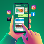 Smartphone com tela do WhatsApp exibindo mensagens do ZapPost com posts diários, legendas e roteiros de vídeo prontos para redes sociais.
