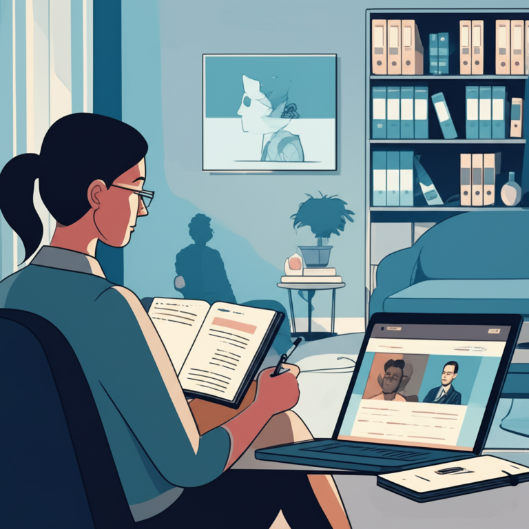 Pessoa estudando online psicanálise em ambiente calmo com livros e computador.