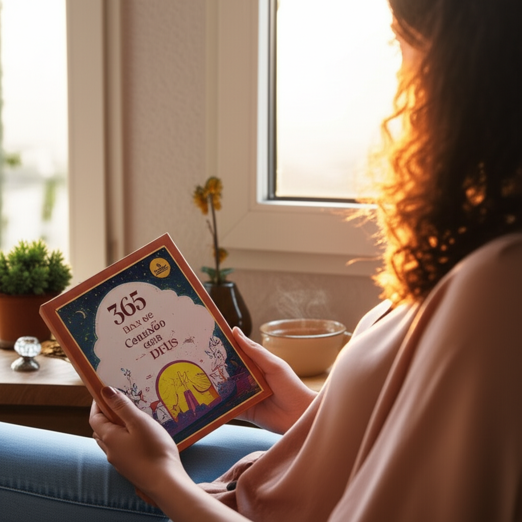 Pessoa lendo o livro físico '365 Dias de Conexão com Deus' em um momento de paz, simbolizando o cultivo da fé diária e a redução da ansiedade.