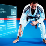 Atleta de Jiu-Jitsu em tatame com interface digital e holográfica mostrando 101 aulas e progresso online.