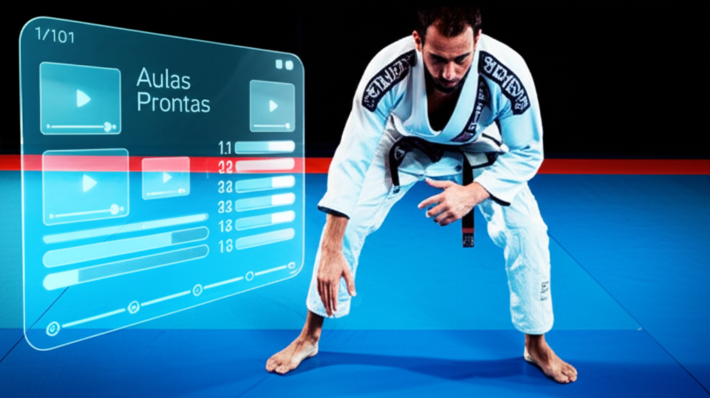 Atleta de Jiu-Jitsu em tatame com interface digital e holográfica mostrando 101 aulas e progresso online.