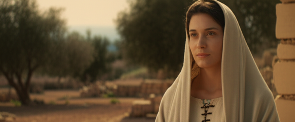 Maria, mãe de Jesus, em um cenário histórico da Terra Santa, representando a exploração documental de sua vida no curso de Rodrigo Alvarez.