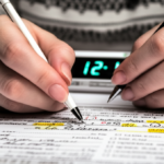 Candidato concentrado escrevendo em folha de prova discursiva SEFAZ CE com foco em temas fiscais e anotações estratégicas.