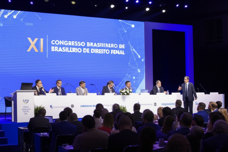 Palestrante no palco do XI Congresso Brasileiro de Direito Penal com audiência atenta e tela exibindo o título do evento.
