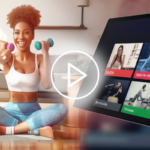 Mulher sorridente praticando diversas modalidades de fitness (yoga, musculação, dança, jiu-jitsu) com uma interface de streaming Natflix Fitness ao fundo, simbolizando variedade e bem-estar.