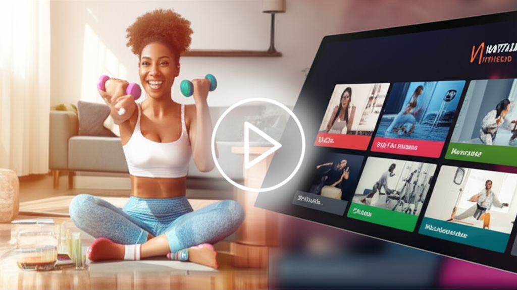Mulher sorridente praticando diversas modalidades de fitness (yoga, musculação, dança, jiu-jitsu) com uma interface de streaming Natflix Fitness ao fundo, simbolizando variedade e bem-estar.