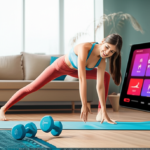 Mulher sorridente e em forma praticando fitness em casa com um tablet exibindo o aplicativo Natflix Fitness, que oferece treinos variados.