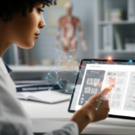 Estudante de medicina concentrado utilizando a plataforma Medcards em um tablet, com uma interface de flashcards digitais e elementos visuais de um algoritmo de aprendizado avançado para memorização médica.