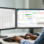 Profissional usando Microsoft Excel e Power BI para análise de dados e criação de dashboards interativos, representando o aprendizado do curso.