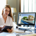 Arquiteta em escritório moderno revisando planos digitais, simbolizando gestão e crescimento de negócios.