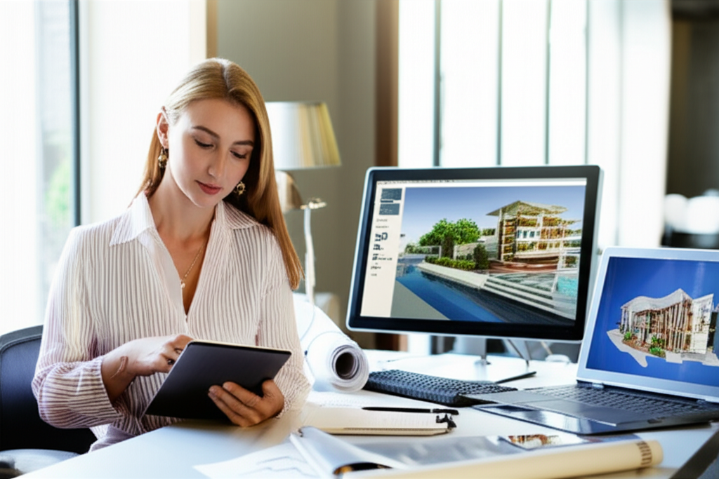 Arquiteta em escritório moderno revisando planos digitais, simbolizando gestão e crescimento de negócios.