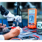 Professor Luis Carlos ensinando manutenção avançada de celulares Android e iPhone, com foco em reparo de placa-mãe usando microscópio e estação de solda em uma bancada técnica organizada.