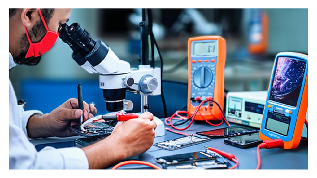 Professor Luis Carlos ensinando manutenção avançada de celulares Android e iPhone, com foco em reparo de placa-mãe usando microscópio e estação de solda em uma bancada técnica organizada.